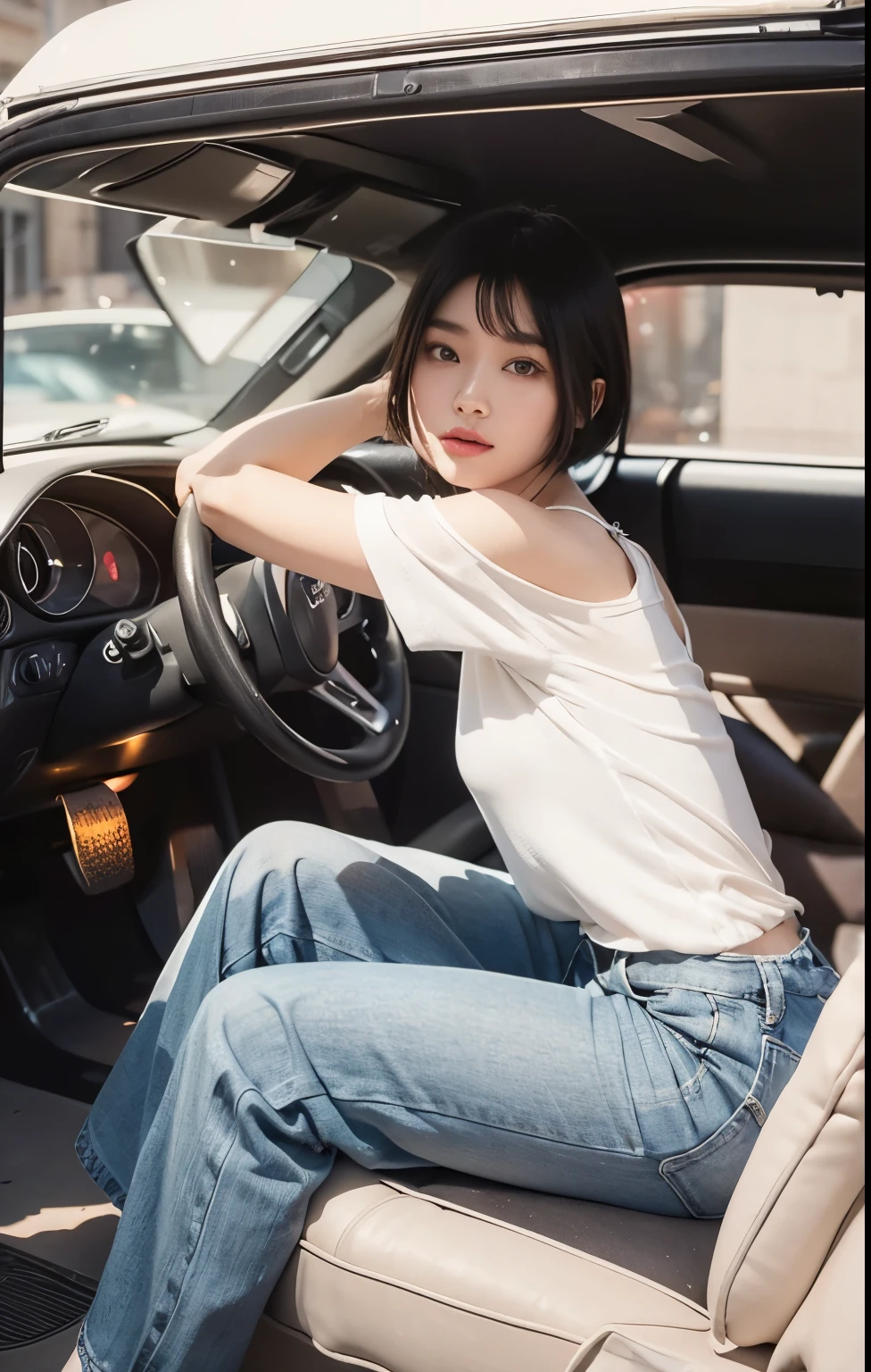 (Best quality, 8k, 32k, Masterpiece, UHD:1.2) "Generate a captivating artwork featuring a young Japanese girl model with short, sleek black hair styled in a chic bob haircut. Envision her bathed in dramatic cinematic lighting, creating an atmosphere of allure and mystery. Emphasize a romantic aesthetic vibe, showcasing the model in a poised and elegant pose that evokes a sense of intimacy and sophistication. Utilize warm and soft tones to enhance the romantic ambiance, and consider incorporating elements like flowing fabrics or flowers to add a touch of ethereal beauty. Capture the essence of romance and beauty through the model's expression, the play of light and shadows, and the overall aesthetic, creating a visually compelling and emotionally resonant piece."