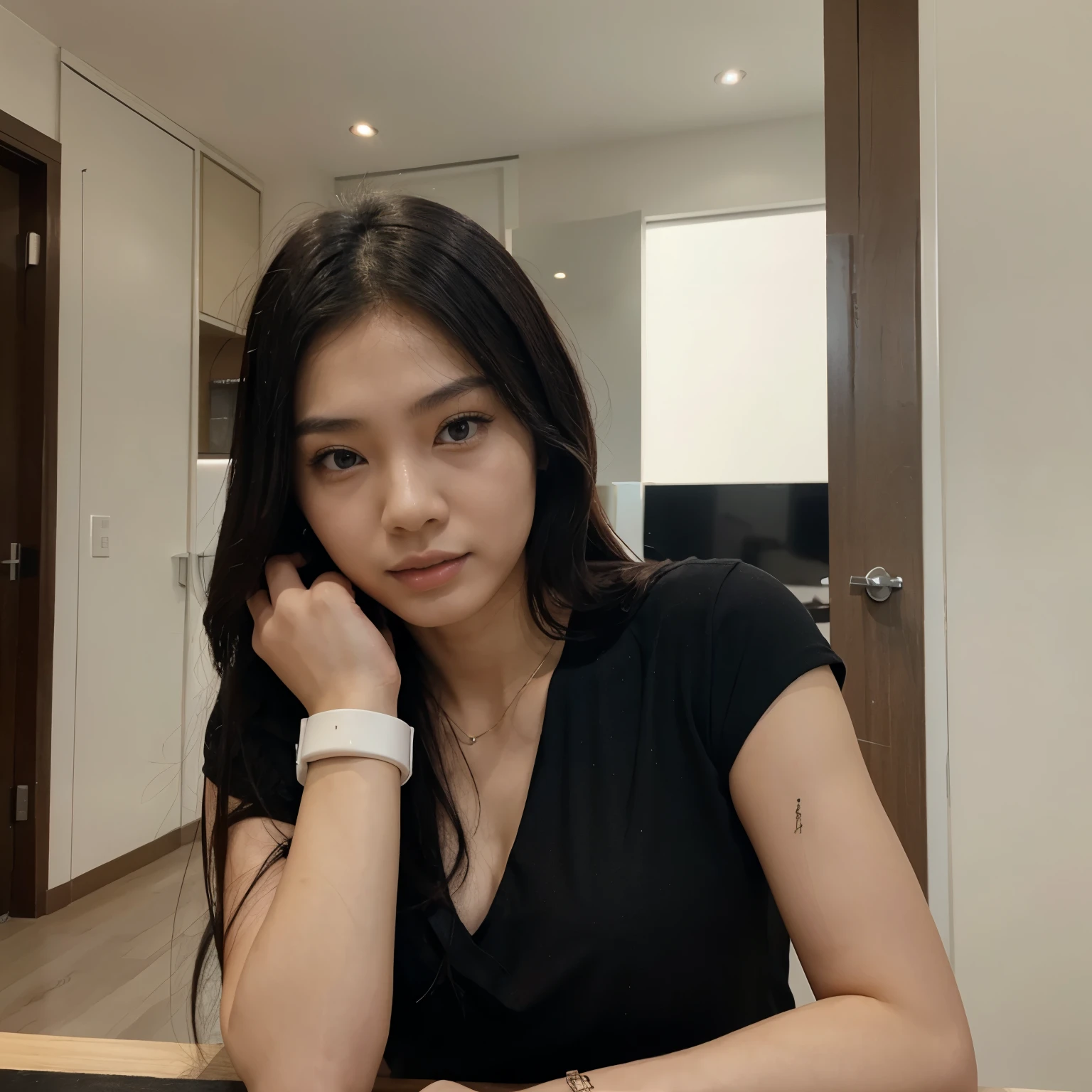Asian girl dressed in black with plaster on right wrist in modern house