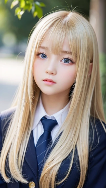 Very beautiful face super long silky blonde hair、bangs between the eyes、The most beautiful 13 year old cute 、hair above eyes、片hair above eyes、hair between eyes、school uniform、rich bust