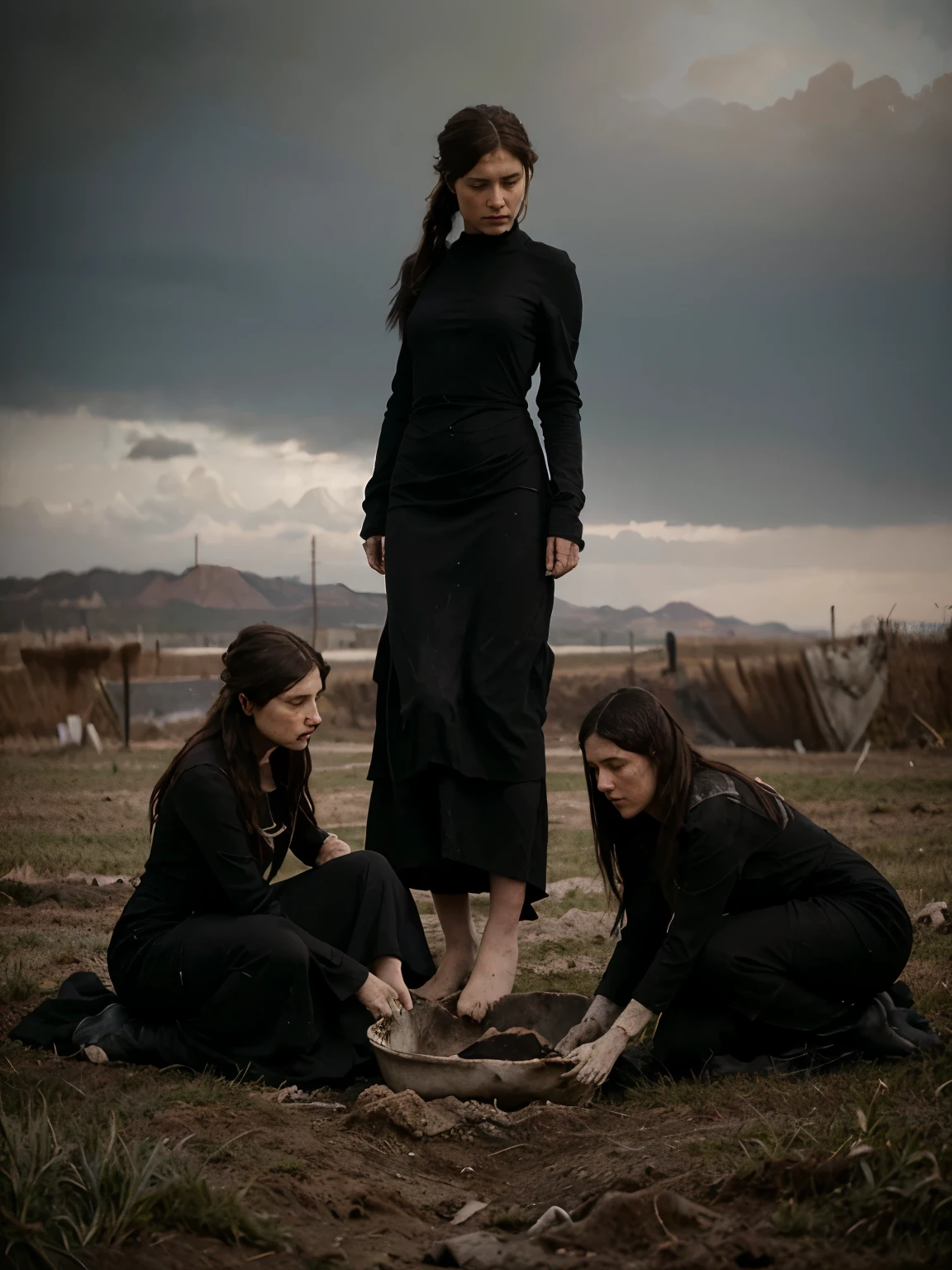 ((Jeremy Lipking style)) ((Nicola Samori style)) woman buried in the ground, two very ugly sad women, ((long black dress)), front, sky, field)), hair up, (oil on linen), (photo from nikon d800, 50mm
lens), focus, ((two women with legs buried in the ground))