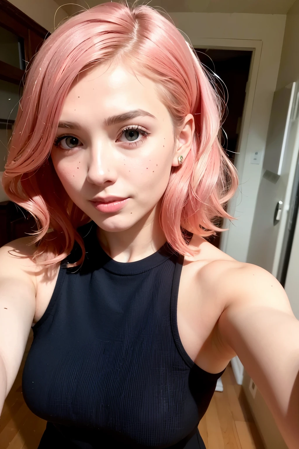 ((best quality)), ((masterpiece)), (detailed), perfect face beautiful woman wavy pink hair , in black dress , background bedroom taking selfie viewing at viewer