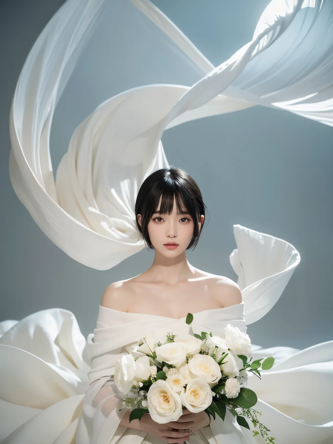 (Best quality, 8k, 32k, Masterpiece, UHD:1.2) "Generate a captivating artwork featuring a young Japanese girl model with short, sleek black hair styled in a chic bob haircut. Envision her bathed in dramatic cinematic lighting, creating an atmosphere of allure and mystery. Emphasize a romantic aesthetic vibe, showcasing the model in a poised and elegant pose that evokes a sense of intimacy and sophistication. Utilize warm and soft tones to enhance the romantic ambiance, and consider incorporating elements like flowing fabrics or flowers to add a touch of ethereal beauty. Capture the essence of romance and beauty through the model's expression, the play of light and shadows, and the overall aesthetic, creating a visually compelling and emotionally resonant piece."