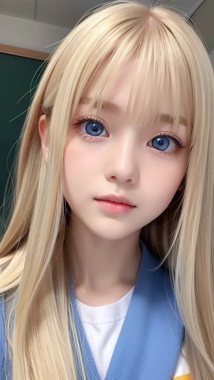 Very beautiful face super long silky blonde hair、bangs between the eyes、The most beautiful 13 year old cute 、hair above eyes、片hair above eyes、hair between eyes、school uniform、rich bust、Very beautiful bright and shining light blue big eyes、very big eyes、small face beauty、cheek gloss highlight