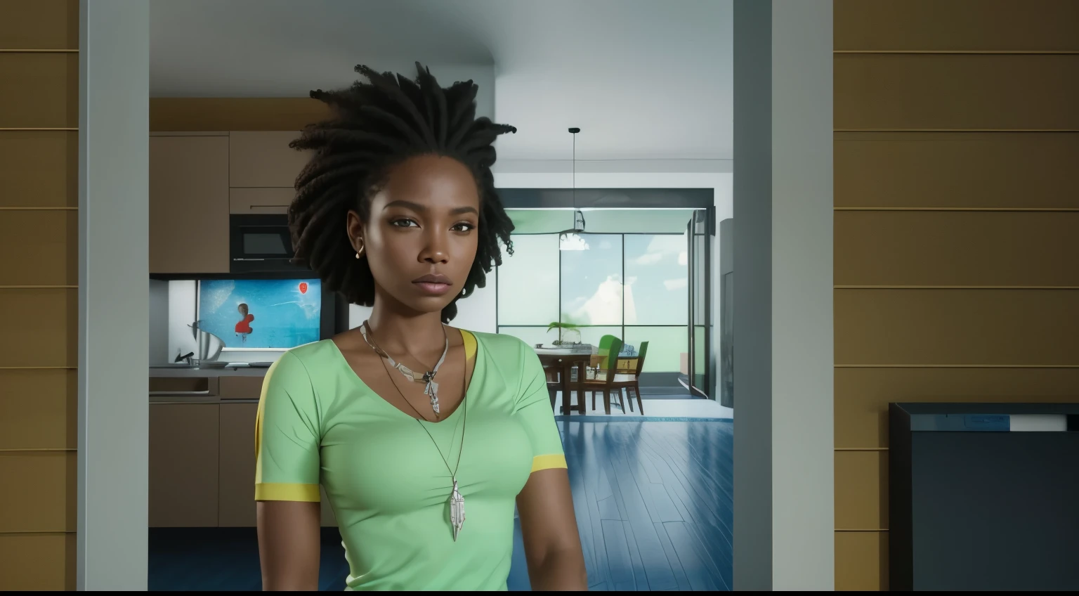 (obra de arte), (extremamente complexo:1.3), (realista), garota negra, cabelo afro, blusa azul, colares, from the invincible series, fotografia profissional, sharp focus, dramatic, premiado, cinematic lighting, Octane rendering, motor irreal, dtx volumétrico, (Film grain)