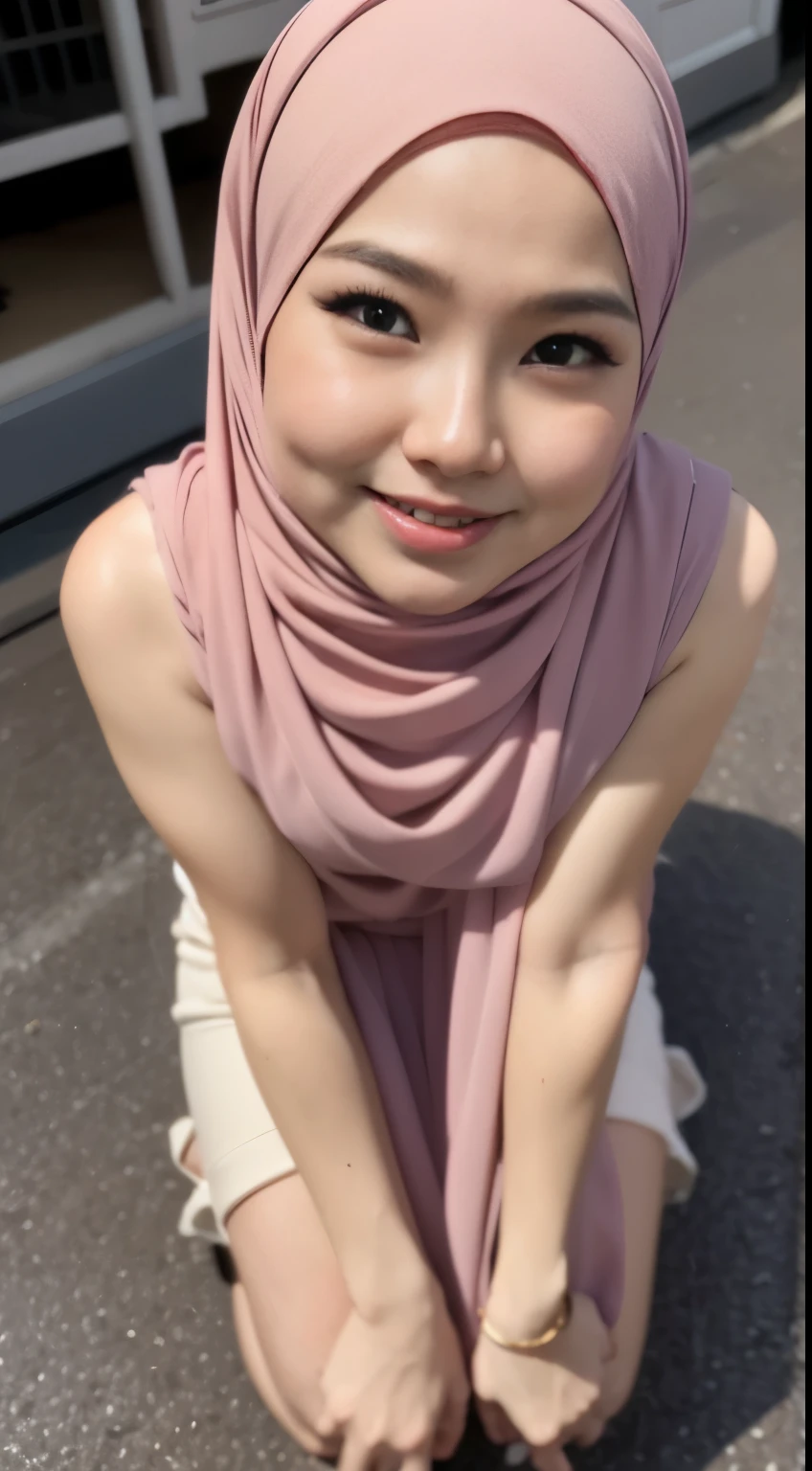 1 malay woman in pastel hijab, (looking at viewer), ((naked)), (Small buttocks), Smaller chest, errect nipple, laughing smile, (hijab flying), pale skin, small breasts, thin waist, china street style street, Hyper-Realism, Cinematic lighting, depth of fields, (high angle), Anatomically correct, Textured skin, Super Detail, award winning, Best Quality, high resolution, crouching looking above to the viewer, kneeling, (close up from above), (close up face), (dynamic angle), facial, cum, pov,