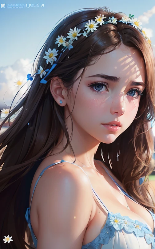 Brown hair,  blue eyes, pouty lips, wearing a blue sundress, white daisy in hair, standing in front of an airport, (8k, RAW photo, photorealistic: 1.25), (lots of eyelashes, best quality, ultra high resolution, depth of field, wide light, natural color, picture from distance (1:2), ana de armas, hair with many details, beautiful, medium breasts, 8k artgerm bokeh, fanart best artstation, render photorealistic girl, art in the style of guweiz, inspired by WLOP, ig model | artgerm, deviantart artstation cgscosiety