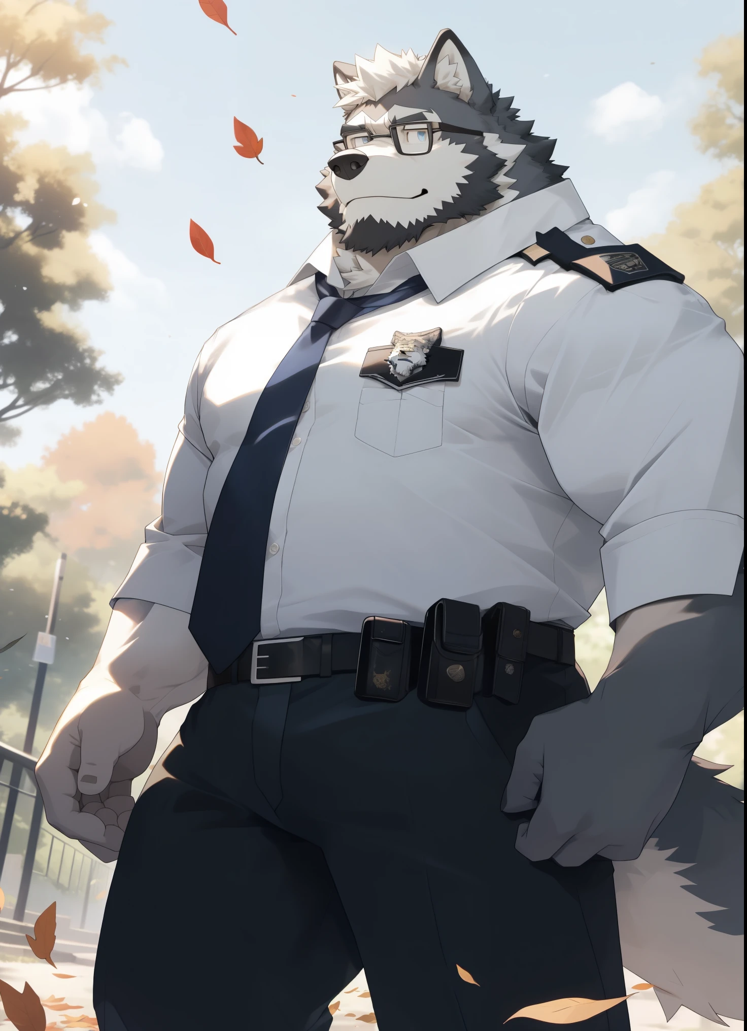 hairy,(Wolf,Black-rimmed glasses,white shirt,tie,Black long-sleeved police uniform,rolled up sleeves),beard,white fur,male,Common,full body picture,dynamic poses,Fallen leaves are floating in the sky,smirk,In the park,Sunlight,detailed background,极其lifelike阴影,masterpiece,Very detailed,lifelike