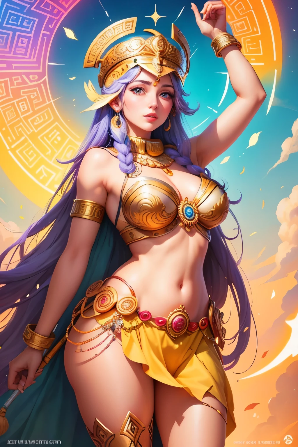 a gorgeous genie, 1 girl, long flowing hair, colorful and vibrant magical costume,