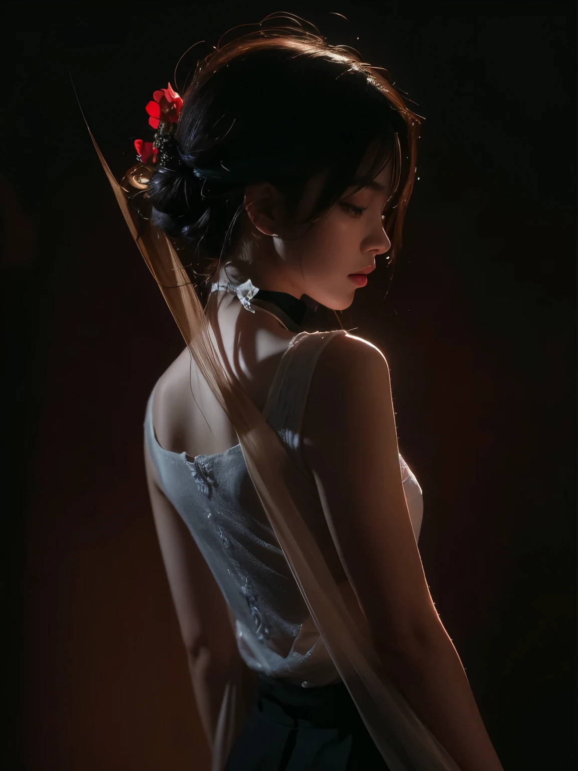 (Best quality, 8k, 32k, Masterpiece, UHD:1.2) "Generate a captivating artwork featuring a young Japanese girl model with short, sleek black hair styled in a chic bob haircut. Envision her bathed in dramatic cinematic lighting, creating an atmosphere of allure and mystery. Emphasize a romantic aesthetic vibe, showcasing the model in a poised and elegant pose that evokes a sense of intimacy and sophistication. Utilize warm and soft tones to enhance the romantic ambiance, and consider incorporating elements like flowing fabrics or flowers to add a touch of ethereal beauty. Capture the essence of romance and beauty through the model's expression, the play of light and shadows, and the overall aesthetic, creating a visually compelling and emotionally resonant piece."