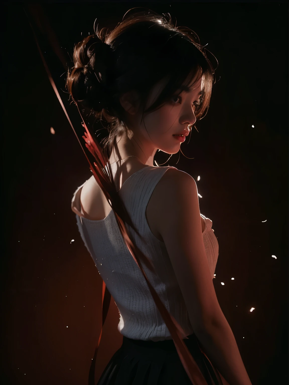 (Best quality, 8k, 32k, Masterpiece, UHD:1.2) "Generate a captivating artwork featuring a young Japanese girl model with short, sleek black hair styled in a chic bob haircut. Envision her bathed in dramatic cinematic lighting, creating an atmosphere of allure and mystery. Emphasize a romantic aesthetic vibe, showcasing the model in a poised and elegant pose that evokes a sense of intimacy and sophistication. Utilize warm and soft tones to enhance the romantic ambiance, and consider incorporating elements like flowing fabrics or flowers to add a touch of ethereal beauty. Capture the essence of romance and beauty through the model's expression, the play of light and shadows, and the overall aesthetic, creating a visually compelling and emotionally resonant piece."