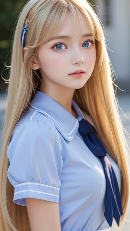 very beautiful face、Super long silky and very beautiful shining blonde hair、Shiny hair、bangs between the eyes、The most beautiful 13 year old cute 、hair above eyes、片hair above eyes、hair between eyes、school uniform、rich bust、Very beautiful bright and shining light blue big eyes、very big eyes、small face beauty、cheek gloss highlight、Super Long Straight Hair