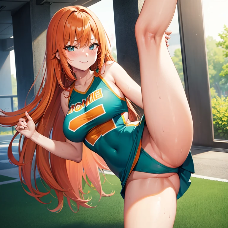 anime, masterpiece, cute girl, no panties, standing split, cheerleader costume, pussy juice, sweat, orange hair, long hair, large breasts, smirk, detail, 4k, sexy, good pupil, 4k, detailed
