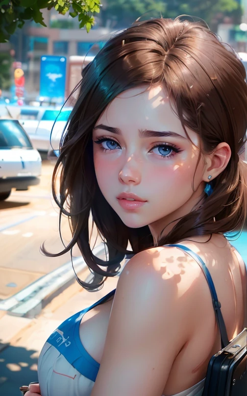 Brown hair,  blue eyes, pouty lips, wearing a blue sundress, standing with a suitcase in a parking lot, (8k, RAW photo, photorealistic: 1.25), (lots of eyelashes, best quality, ultra high resolution, depth of field, wide light, natural color, picture from distance (1:2), ana de armas, hair with many details, beautiful, medium breasts, 8k artgerm bokeh, fanart best artstation, render photorealistic girl, art in the style of guweiz, inspired by WLOP, ig model | artgerm, deviantart artstation cgscosiety