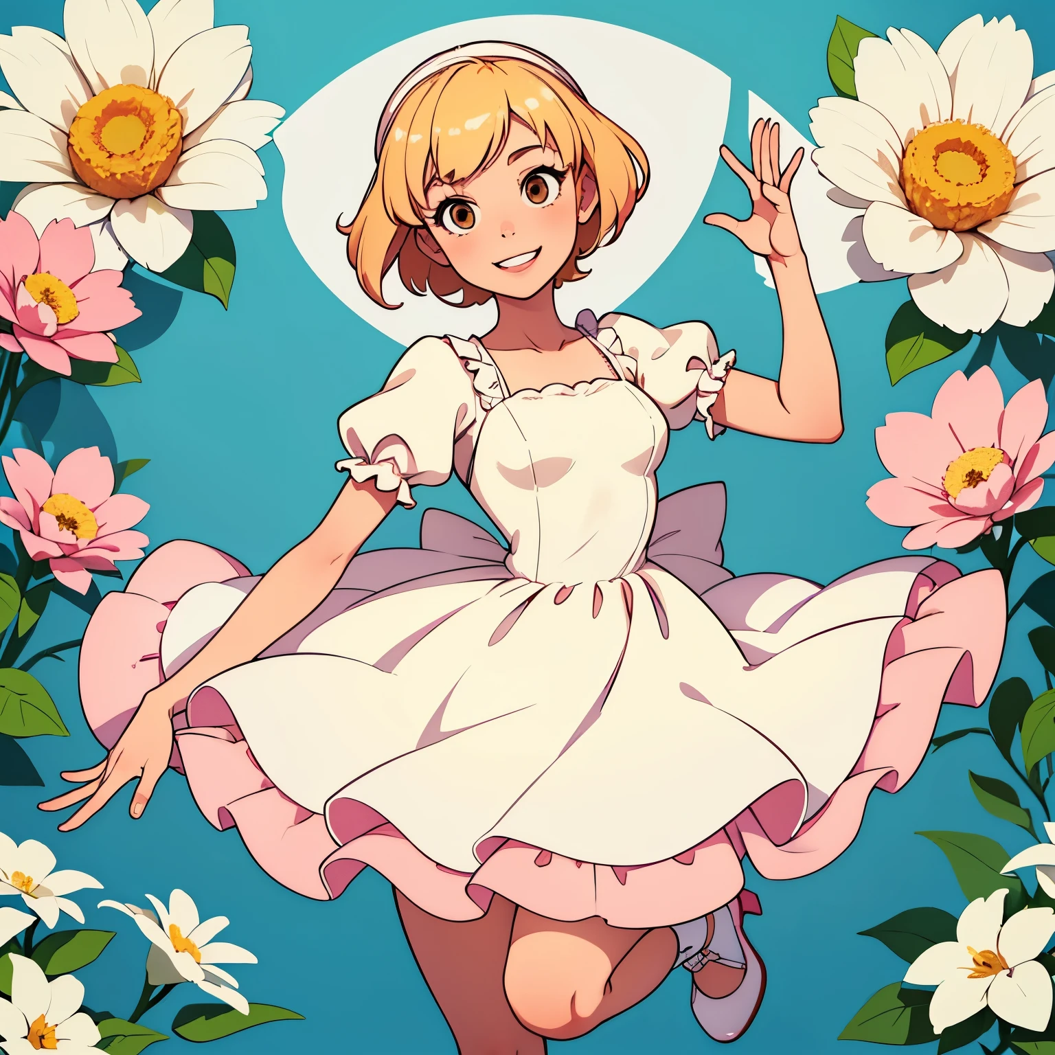 ((1girl)), peach skin, blonde hair, short hair, white headband, brown eyes, skinny, lanky, cheery, bubbly,  cute face, wide smile, tight pink dress, white flowers on dress, puffy sleeves, white heels