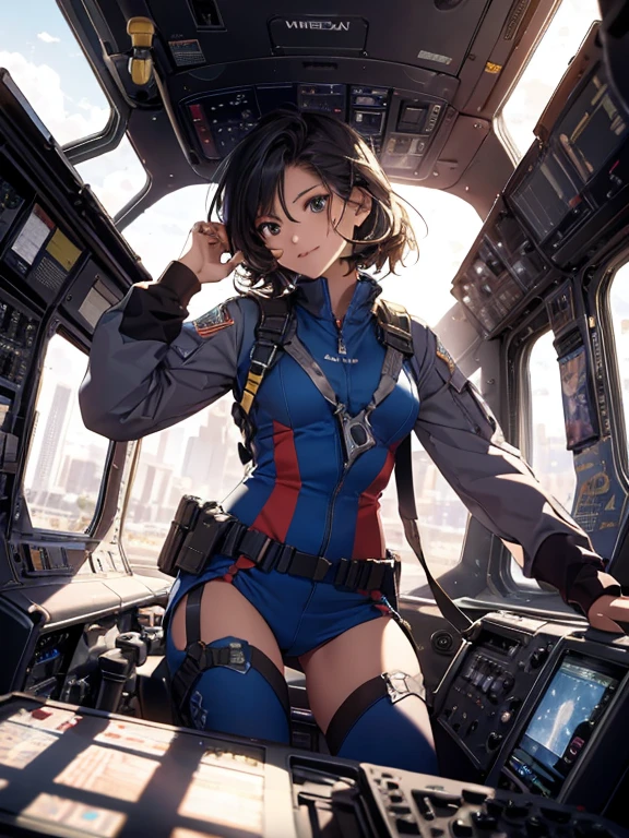cosmic battlefield, A high resolution, (obra maestra:1.4), Un muy detallado, 1 chica, From the observation deck,Perspective inside the fighter plane., Sentado en la cabina de un caza, When driving in the cabin, traje de gladiador, Sharp focus, (cinematic lighting), (1 chica), leve sonrisa,