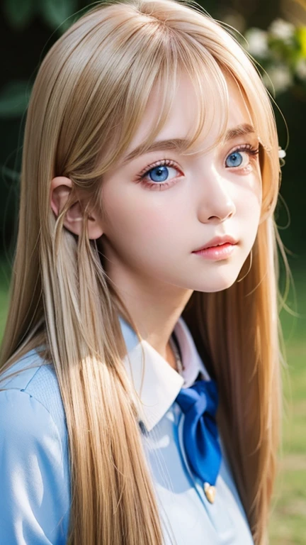 very beautiful face、Super long silky and very beautiful shining blonde hair、Shiny hair、bangs between the eyes、The most beautiful 13 year old cute 、hair above eyes、片hair above eyes、hair between eyes、school uniform、rich bust、Very beautiful bright and shining light blue big eyes、very big eyes、small face beauty、cheek gloss highlight、Super Long Straight Hair