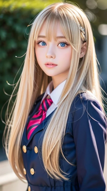 very beautiful face、Super long silky and very beautiful shining blonde hair、Shiny hair、bangs between the eyes、The most beautiful 13 year old cute 、hair above eyes、片hair above eyes、hair between eyes、school uniform、rich bust、Very beautiful bright and shining light blue big eyes、very big eyes、small face beauty、cheek gloss highlight、Super Long Straight Hair