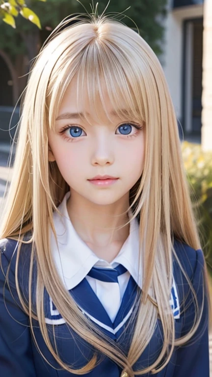 very beautiful face、Super long silky and very beautiful shining blonde hair、Shiny hair、bangs between the eyes、The most beautiful 13 year old cute 、hair above eyes、片hair above eyes、hair between eyes、school uniform、rich bust、Very beautiful bright and shining light blue big eyes、very big eyes、small face beauty、cheek gloss highlight、Super Long Straight Hair