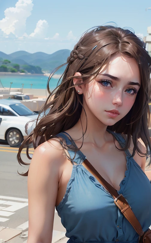 Full body, landscape view, Brown hair,  blue eyes, pouty lips, wearing a blue sundress, dragging a suitcase on wheels, in a parking lot, (8k, RAW photo, photorealistic: 1.25), (lots of eyelashes, best quality, ultra high resolution, depth of field, wide light, natural color, picture from distance (1:2), ana de armas, hair with many details, beautiful, medium breasts, 8k artgerm bokeh, fanart best artstation, render photorealistic girl, art in the style of guweiz, inspired by WLOP, ig model | artgerm, deviantart artstation cgscosiety