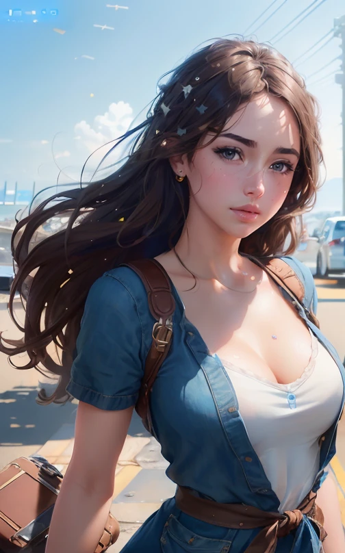 Full body, landscape view, Brown hair, blue eyes, pouty lips, wearing a blue sundress, dragging a suitcase on wheels, in a parking lot, (8k, RAW photo, photorealistic: 1.25), (lots of eyelashes, best quality, ultra high resolution, depth of field, wide light, natural color, picture from distance (1:2), ana de armas, hair with many details, beautiful, medium breasts, 8k artgerm bokeh, fanart best artstation, render photorealistic girl, art in the style of guweiz, inspired by WLOP, ig model | artgerm, deviantart artstation cgscosiety