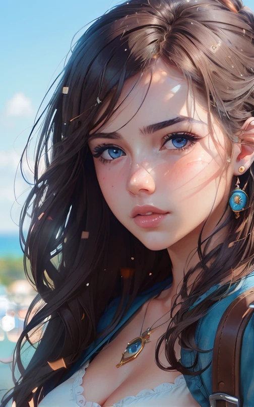 Full body, landscape view, Brown hair, blue eyes, pouty lips, wearing a blue sundress, dragging a suitcase on wheels, in a parking lot, (8k, RAW photo, photorealistic: 1.25), (lots of eyelashes, best quality, ultra high resolution, depth of field, wide light, natural color, picture from distance (1:2), ana de armas, hair with many details, beautiful, medium breasts, 8k artgerm bokeh, fanart best artstation, render photorealistic girl, art in the style of guweiz, inspired by WLOP, ig model | artgerm, deviantart artstation cgscosiety