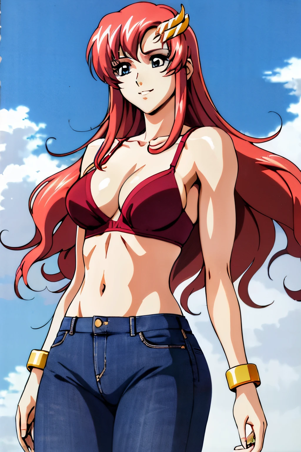 lacus4, (jeans), (red micro bra only, micro bra), (masterpiece, folded arms covering breasts, very slim shoulders, 4K, Best Quality, Anime style: 1.9, happy, Adult Woman, (ultra detailed head), (cloud background), Drawing lines, high resolution, lacus4), 1girl, Solo, curvy figure, Long hair, 鎖骨, scapular, (Detailed wide hair bangs, Hair Ornament, Detailed reddish-pink hair, shiny streaks, slim arms, detailed golden crest), cleavage, large hands, (hair cover shoulders). (Big blue eyes, shiny eyes), ((female wrestler, (slim body), little biceps, slim arms, closed fists, thighs)), ((perfect proportions, medium breasts, long belly)), ((totally red bra, neck band, bracelets))), smile, (standing, hot colors), detailed fingers, (bare shoulders)