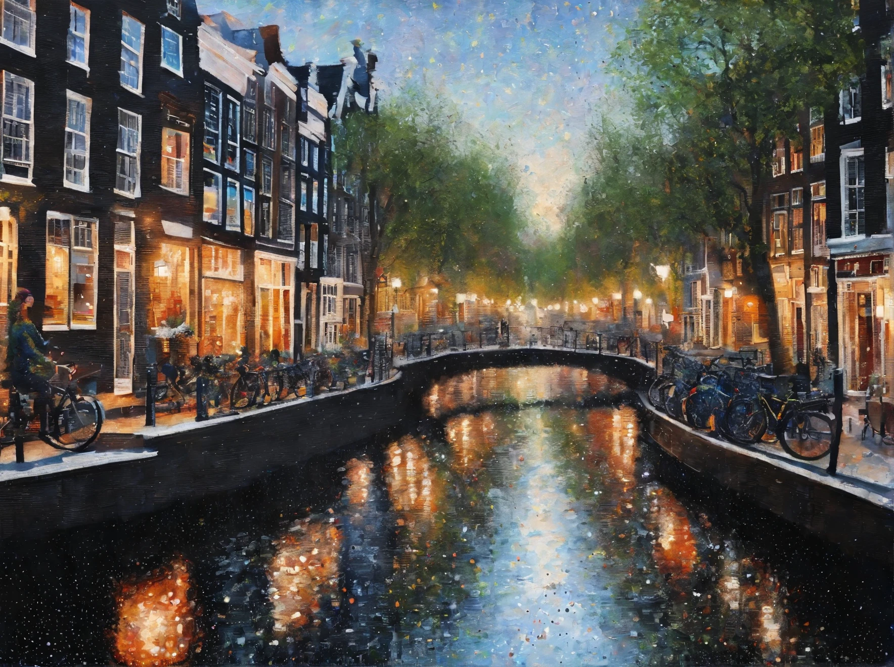 white and black painting of daily city life of amsterdam , canals, people riding bikes in the style of contemporary collage, album covers, fluid, high detailed, masterpiece of watercolor painting, relief, Very detailed.