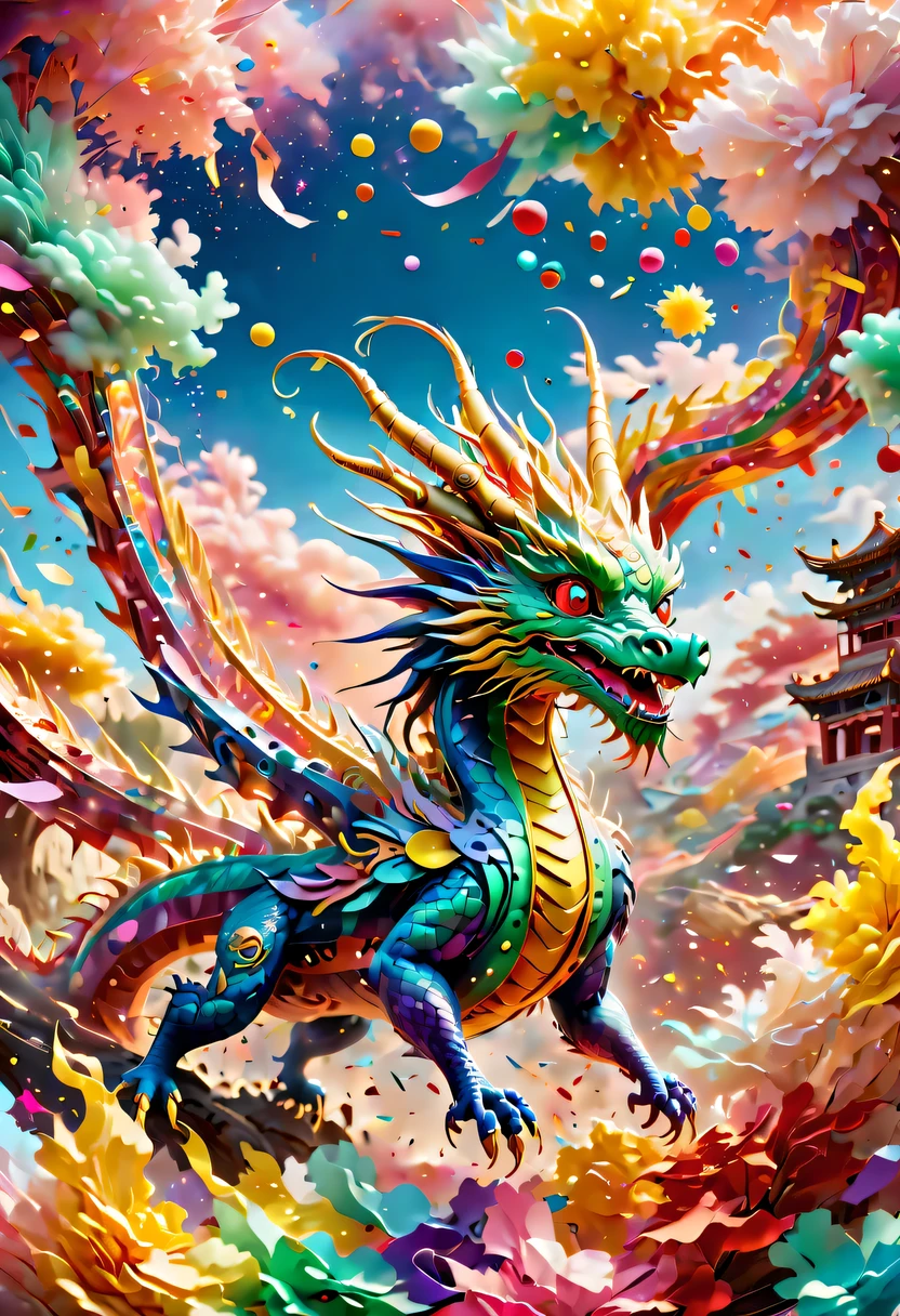 Colored confetti:1.5，Colored confetti flying in the sky，Floating confetti fills the sky，in scraps of paper，hyper detailed masterpiece, Dynamic, high quality,Floating ethereal colorful Chinese dragon baby