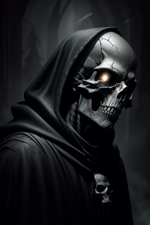 A photorealistic image of a skull, wearing hooded cape, captured in incredible detail, (8K quality), dramatic lighting, vivid texture, sharp focus, artistic composition, Greg Rutkowski photographic style, subtle light effects, well-defined shadows, sharp contrast, dark and enveloping background, minute details in the bones and teeth, expression of rawness and mystery, macabre and impressive aesthetics, subtle use of shadows to create depth,  (trending on ArtStation:1.2), (trending on Instagram:1.1), (extreme attention to detail), (dark and intense atmosphere), (post-apocalyptic photographic style), (great use of textures and shadows), (realistic specular reflections), (highlighting the sharpness of the details), (dramatic contrast between the illuminated areas and the shadows), (impressive use of light and shadow to create a chilling atmosphere), (impressive depth effects),  (dark and cold tones), (sinister and mysterious atmosphere), (drama in composition and lighting), (breathtaking visual quality), (an impressive work of art), (a skull that seems to come to life)