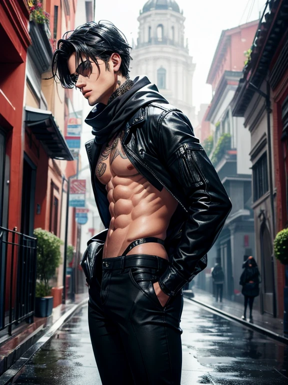 fashion model photography, 1 chico, Solo, Solo, mirando al espectador, ojos azules, pelo negro, parte superior del cuerpo, enfoque masculino, piel morena,, tatuaje, vello facial, barba, vender a menor precio que, black bufanda, obra maestra, Mejor calidad ,