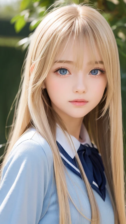 very beautiful face、Super long silky and very beautiful shining blonde hair、Shiny hair、bangs between the eyes、The most beautiful 13 year old cute 、hair above eyes、片hair above eyes、hair between eyes、school uniform、rich bust、Very beautiful bright and shining light blue big eyes、very big eyes、small face beauty、cheek gloss highlight、Super Long Straight Hair