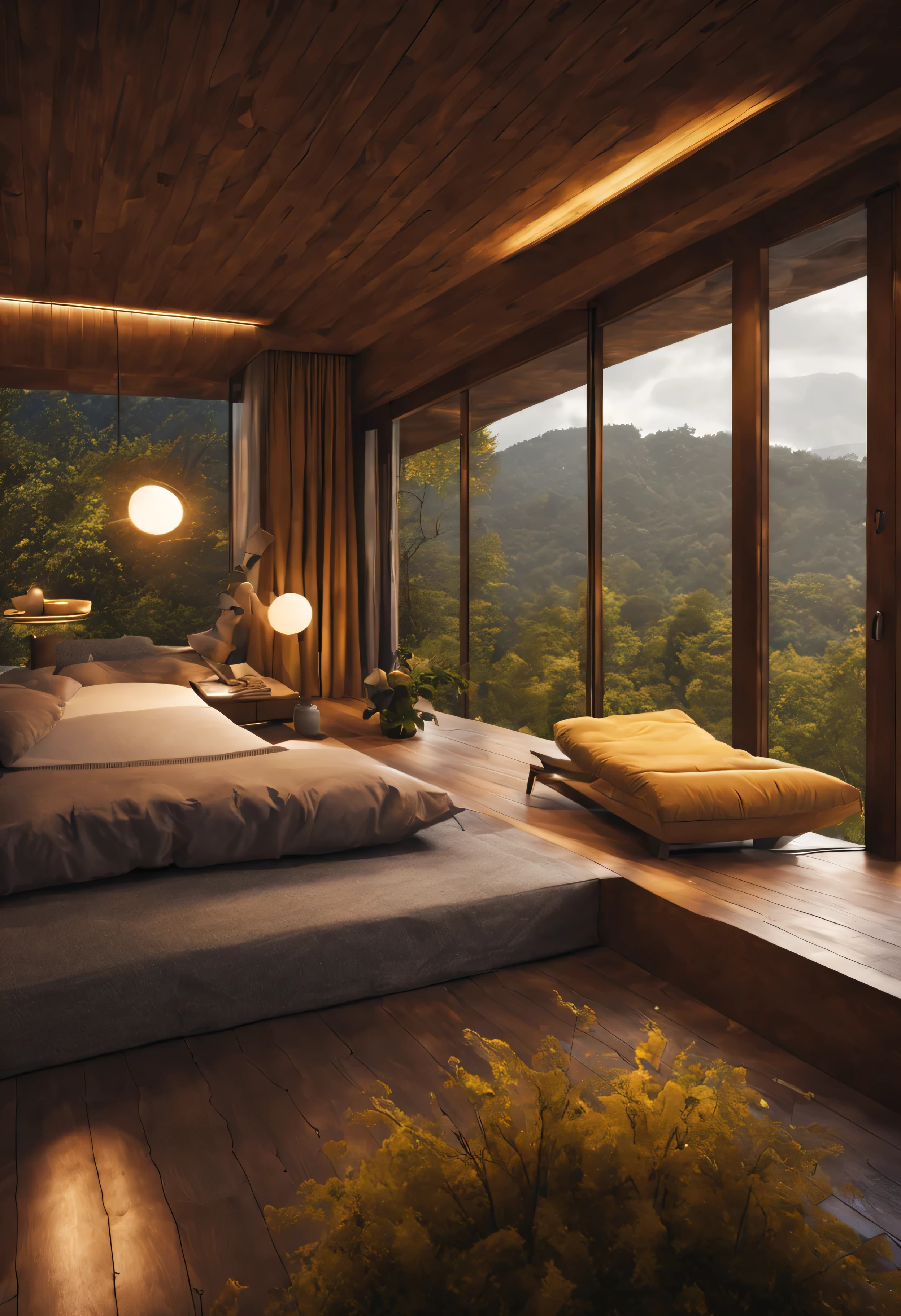 Design view on a picturesque wooden modern villa nestled in the midst of towering mountains and a serene rainy forest. Envision a setting where the outside world is cold and misty, but as you step inside, a cozy and inviting environment welcomes you. The interior is adorned with warm yellow lights, creating a soothing ambiance that complements the chilly weather outside. Capture the essence of comfort and relaxation, making it the perfect retreat from the elements. Craft a prompt that inspires the creation of a haven that seamlessly blends modern architecture with the beauty of nature, where every detail contributes to a chill and comfortable atmosphere within the villa. Ultrarealistic, photoreal, ultradetailed