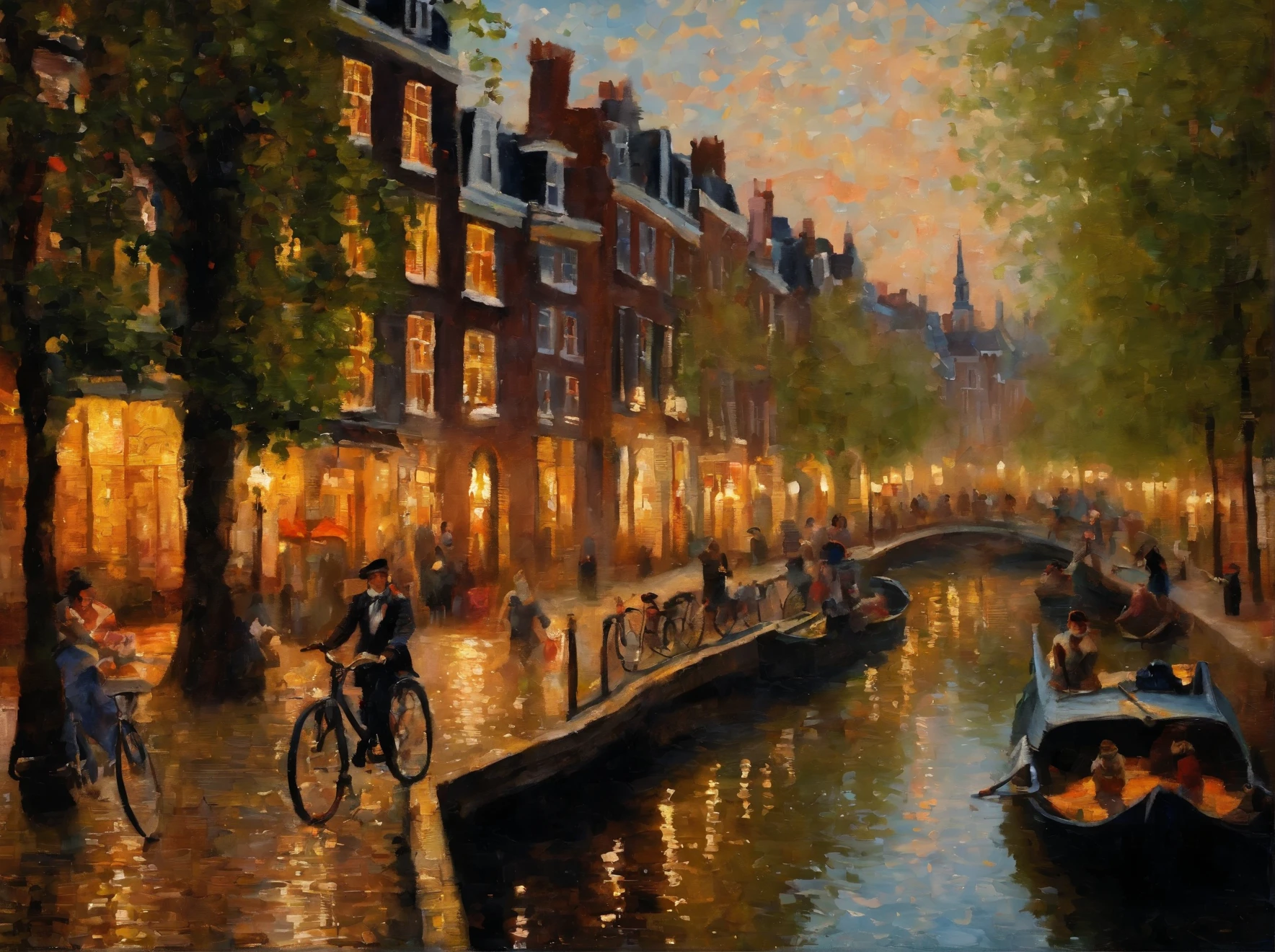 a painting of people cycling along canals, typical amsterdam houses, in the style of an oil painting, 1600s, exquisite detail, baroque painting, voluminous lighting, painterly brushstrokes, edgar degas, john singer sargent, john william waterhouse, masterpiece
