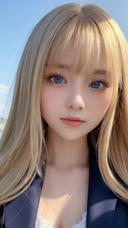very beautiful face、Super long silky and very beautiful shining blonde hair、Shiny hair、bangs between the eyes、The most beautiful 13 year old cute 、hair above eyes、片hair above eyes、hair between eyes、school uniform、rich bust、Very beautiful bright and shining light blue big eyes、very big eyes、small face beauty、cheek gloss highlight、Super Long Straight Hair