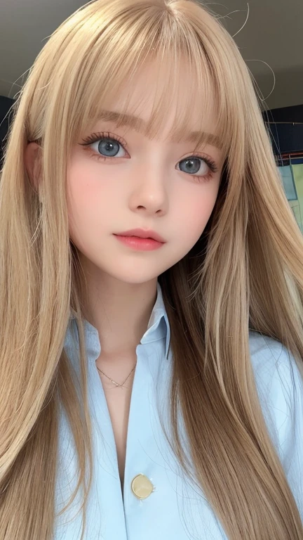 very beautiful face、Super long silky and very beautiful shining blonde hair、Shiny hair、bangs between the eyes、The most beautiful 13 year old cute 、hair above eyes、片hair above eyes、hair between eyes、school uniform、rich bust、Very beautiful bright and shining light blue big eyes、very big eyes、small face beauty、cheek gloss highlight、Super Long Straight Hair