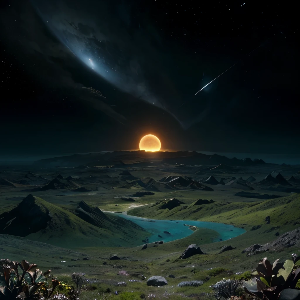 Absolutely! Here's a description of our new planet:
Name: Auroth
Location: Auroth is located in a distant solar system, beyond the reach of our current technology. It orbits a blue star, giving the planet a beautiful, golden-hued sky.
Atmosphere: Auroth has a dense, nitrogen-rich atmosphere that is slightly acidic, making it difficult for human-like lifeforms to survive without protective gear. However, it is rich in oxygen and sustains a diverse array of alien flora and fauna.
Climate: Auroth has two major climate zones: a tropical zone near the equator, with lush jungles and vibrant wildlife, and a colder zone near the poles, where hardy plants and animals have adapted to the harsh conditions.
Geography: Auroth is primarily covered in oceans, with a series of large landmasses that are dotted with volcanic activity. The oceans are rich in unique marine life, and the landmasses are home to a variety of terrestrial creatures.