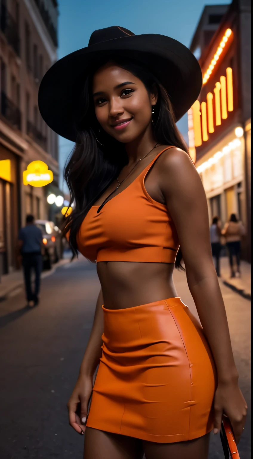 Foto hiperrealista en primer plano de Kelsey Asbille (native American ((light dark skin))), masterpiece, best quality, full body, whole person, (light red crop top:1.2), (light orange mini pencil skirt:1.2) heels, (black cowboy hat) night on the street of western town. cinematic darkness light, cinematic light, beautiful woman, photo oh whole person, cinematic light, beautiful woman, skinny, large breasts, straight black hair, detailed face, smile, photo taken from a distance