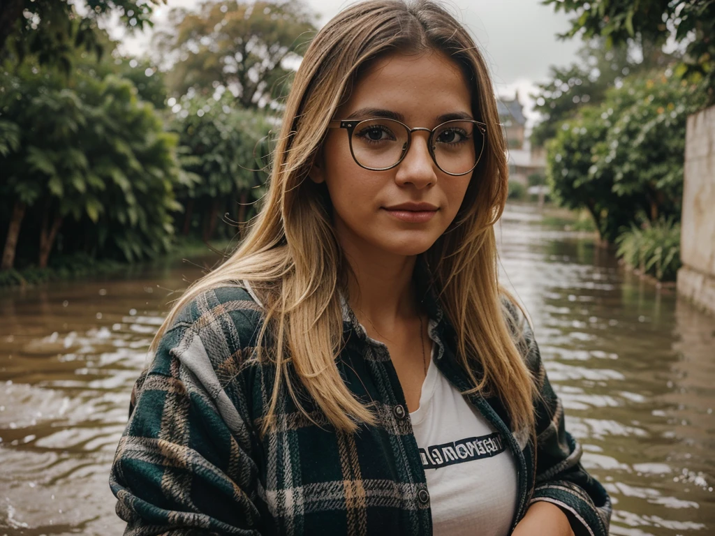 Retrato sincero y personal de una mujer joven con gafas, blonde hair and wearing a plaid shirt on a rainy day, accompanied by an adorable German shepherd dog, jugando alegremente en la orilla de un rio. Taken with a camera with an 85mm lens with an aperture of F 1.2 para desenfocar el fondo y enfocar el rostro alegre de la mujer