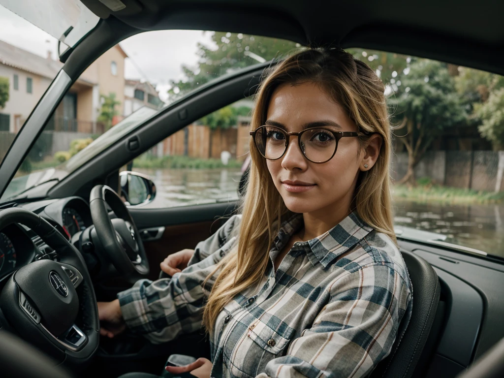 Retrato sincero y personal de una mujer joven con gafas, blonde hair and wearing a plaid shirt on a rainy day, accompanied by an adorable German shepherd dog, jugando alegremente en la orilla de un rio. Taken with a camera with an 85mm lens with an aperture of F 1.2 para desenfocar el fondo y enfocar el rostro alegre de la mujer