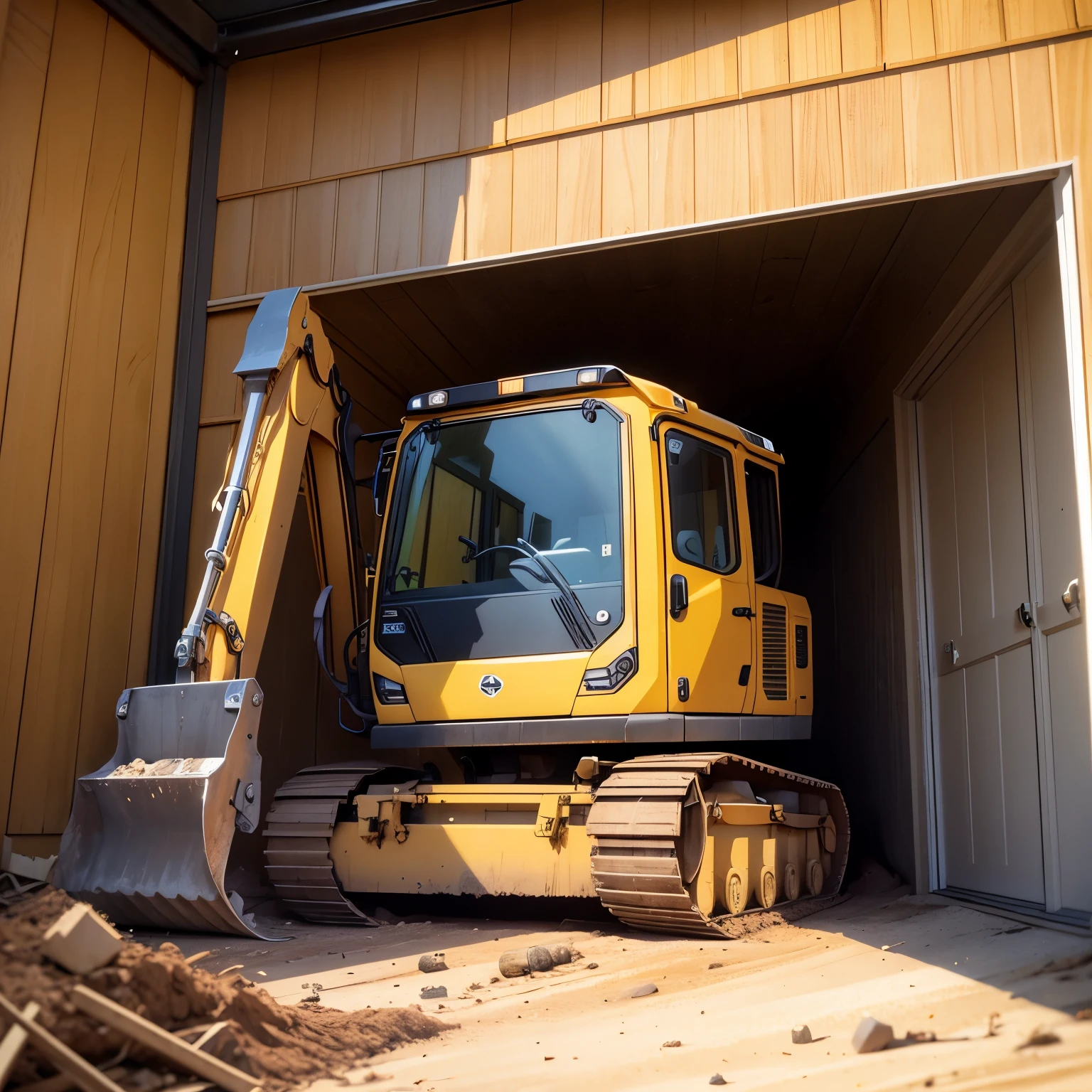 a mini excavator, yellow, white wood paneled garage door, classic style, America, daytime, focus on excavator