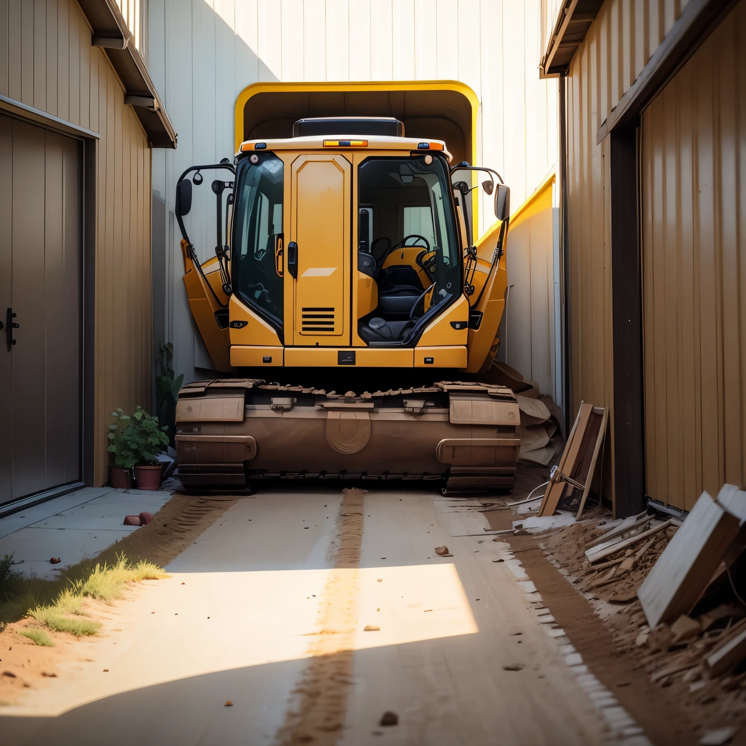 a mini excavator, yellow, white wood paneled garage door, classic style, America, daytime, focus on excavator