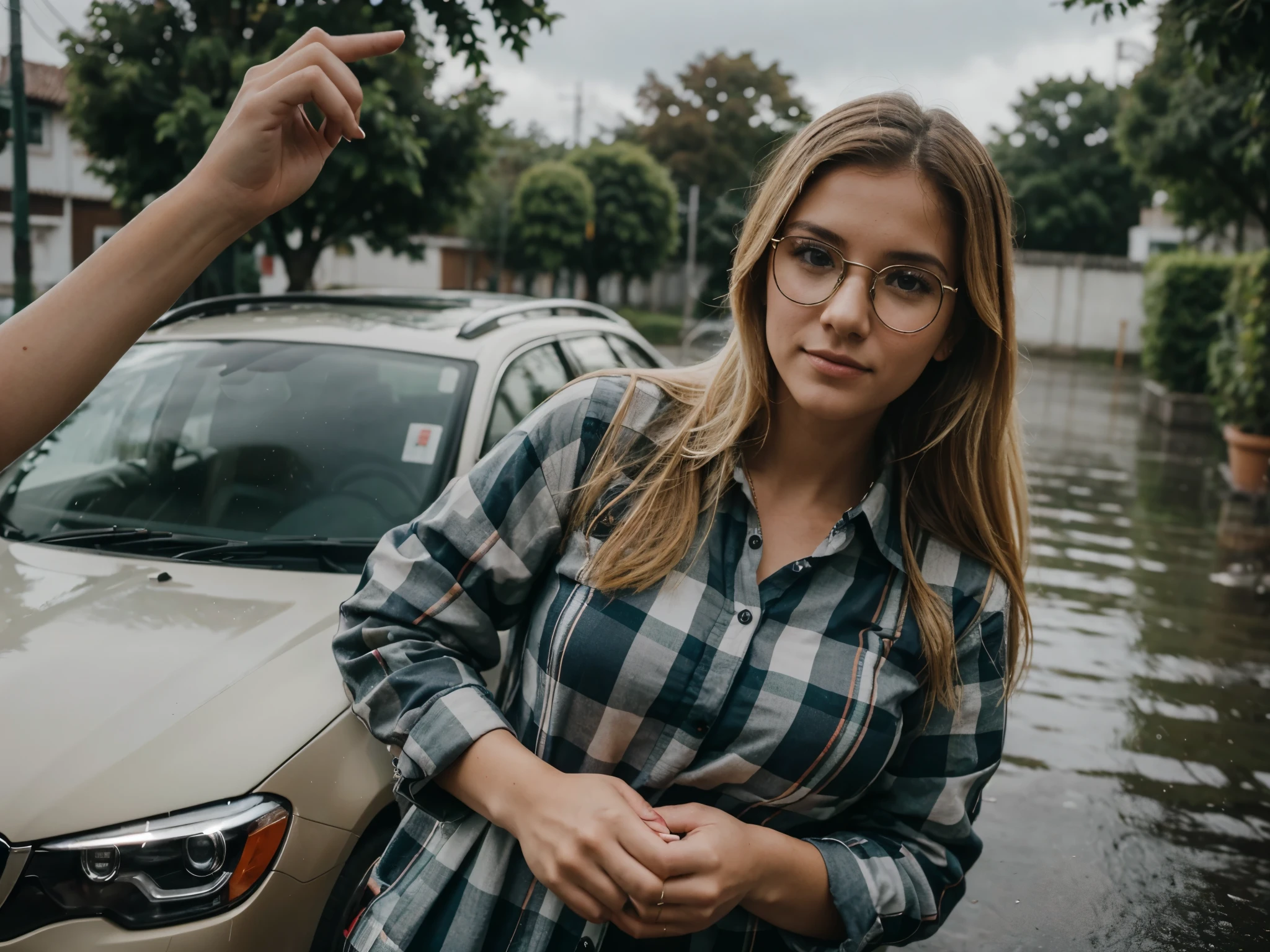 Retrato sincero y personal de una mujer joven con gafas, blonde hair and wearing a plaid shirt on a rainy day, accompanied by an adorable German shepherd dog, jugando alegremente en la orilla de un rio. Taken with a camera with an 85mm lens with an aperture of F 1.2 para desenfocar el fondo y enfocar el rostro alegre de la mujer