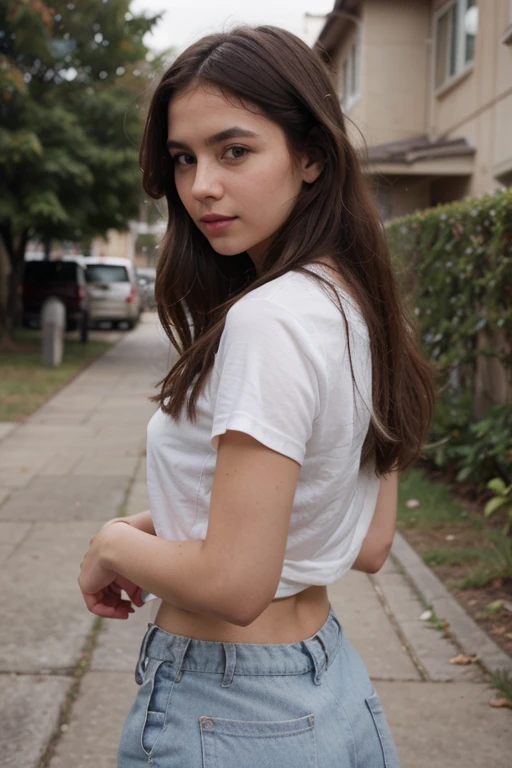 1girl, homeless, oversized dress, cleavage, ponytails, bun, messy hair, panties, spread legs, outdoors, EPIC REALISM, photorealistic, depth of field, arms behind back, off shoulders, sneakers, sitting, from below, photorealism, depth of field, blurry background, highres, 8k,  masterpiece, 