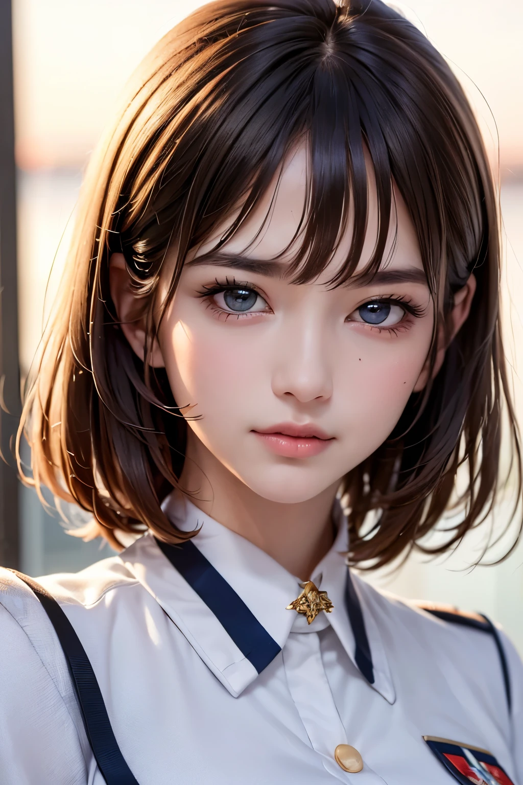 (lactation through clothes:1.1),nipples standing,(nipples peek:1.4)、((highest quality、8K、masterpiece:1.3))、perfect style、beautiful、refreshing smile、beautiful feet、taut skin、Highly detailed face and skin texture、fine eyes、double eyelid、healthy skin、(Lightly wavy dark brown hair、bangs)、((long torso))、(White pilot-style uniform:1.5)、(big breasts are showing)、 (natural breasts、natural breastsの谷間)、(inside the spaceship))、(1 girl、20-year-old、mature woman)、(eye highlights、narrow eyes、brown eyes、blush、eyeliner)、(fascinating face、perfect body、oily skin, glowing skin、high gloss skin)
