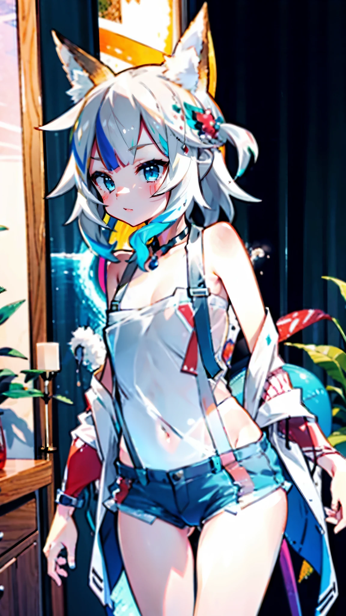 1 girl,(masterpiece), best quality, high quality, bando top, dolphin shorts, , erotic, sexy, seductive, hot, senko, fox tail, fox ears, , flat chest, half naked