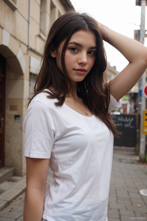 A French teenage college student, male or female, standing in front of a slightly blurred background of a classic French street. The student is looking straight at the camera, giving the impression of eye contact