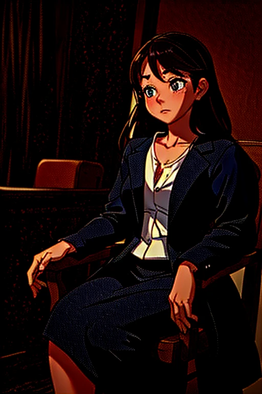 Dimly lit hotel、sitting in a chair、Expressionless