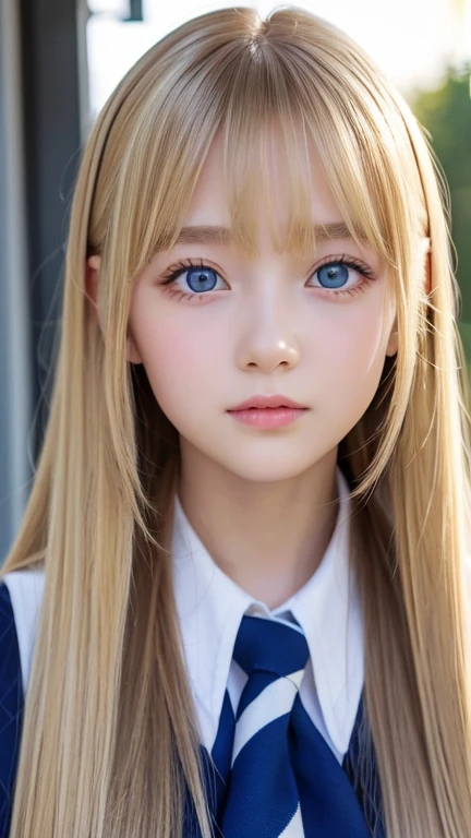very beautiful face、Super long silky and very beautiful shining blonde hair、Shiny hair、bangs between the eyes、The most beautiful 13 year old cute 、hair above eyes、片hair above eyes、hair between eyes、school uniform、rich bust、Very beautiful bright and shining light blue big eyes、very big eyes、small face beauty、cheek gloss highlight、Super Long Straight Hair
