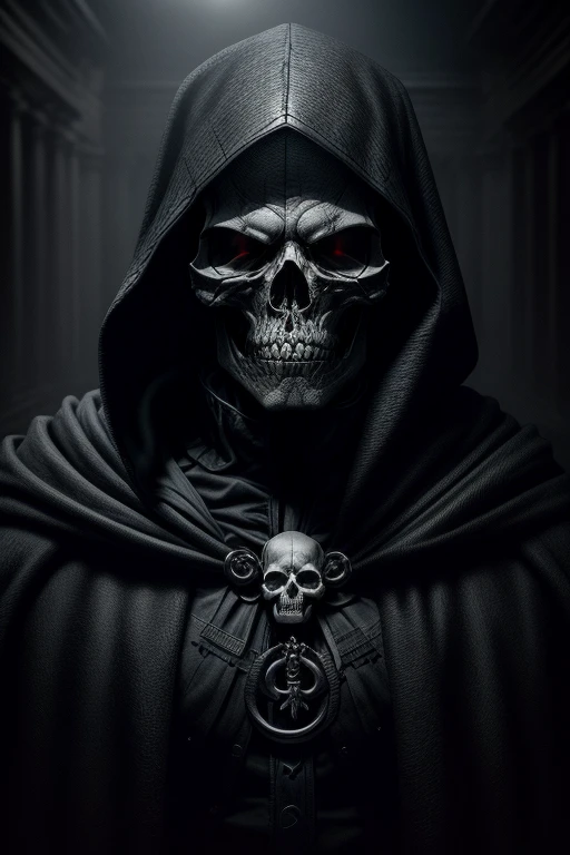 A photorealistic image of a skull, deep dark eye sockets, wearing hooded cape, captured in incredible detail, (8K quality), dramatic lighting, vivid texture, sharp focus, artistic composition, Greg Rutkowski photographic style, well-defined shadows, sharp contrast, dark and enveloping background, minute details in the bones and teeth, expression of rawness and mystery, macabre and impressive aesthetics, subtle use of shadows to create depth, (trending on ArtStation:1.2), (trending on Instagram:1.1), (extreme attention to detail), (dark and intense atmosphere), (post-apocalyptic photographic style), (great use of textures and shadows), (highlighting the sharpness of the details), (impressive use of light and shadow to create a chilling atmosphere), (impressive depth effects), (dark and cold tones), (sinister and mysterious atmosphere), (drama in composition and lighting), (breathtaking visual quality), (an impressive work of art), (a skull that seems to come to life)