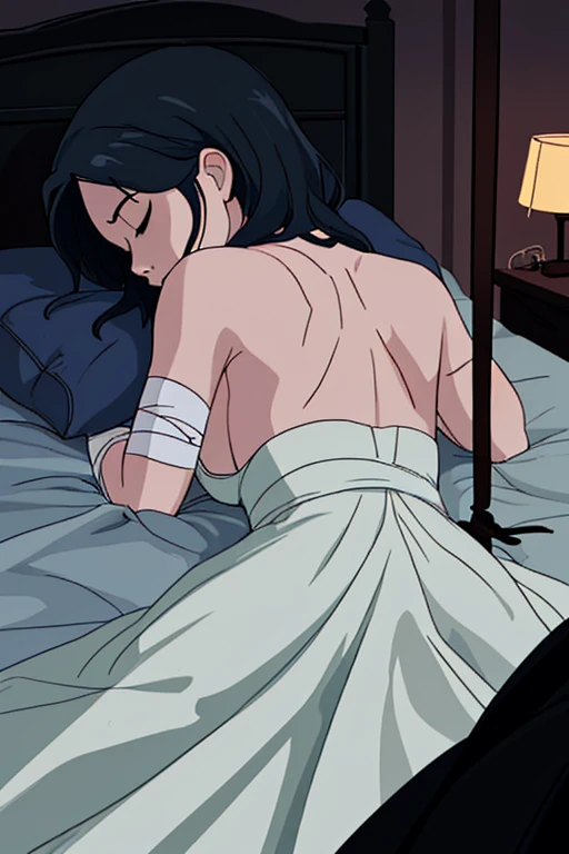 (anime style),masterpiece, best quality, ultra-detailed, 1 woman, solo, thin, small breasts, dark hair, naked, lying on a bed, in a bedroom, in full view, in high detail